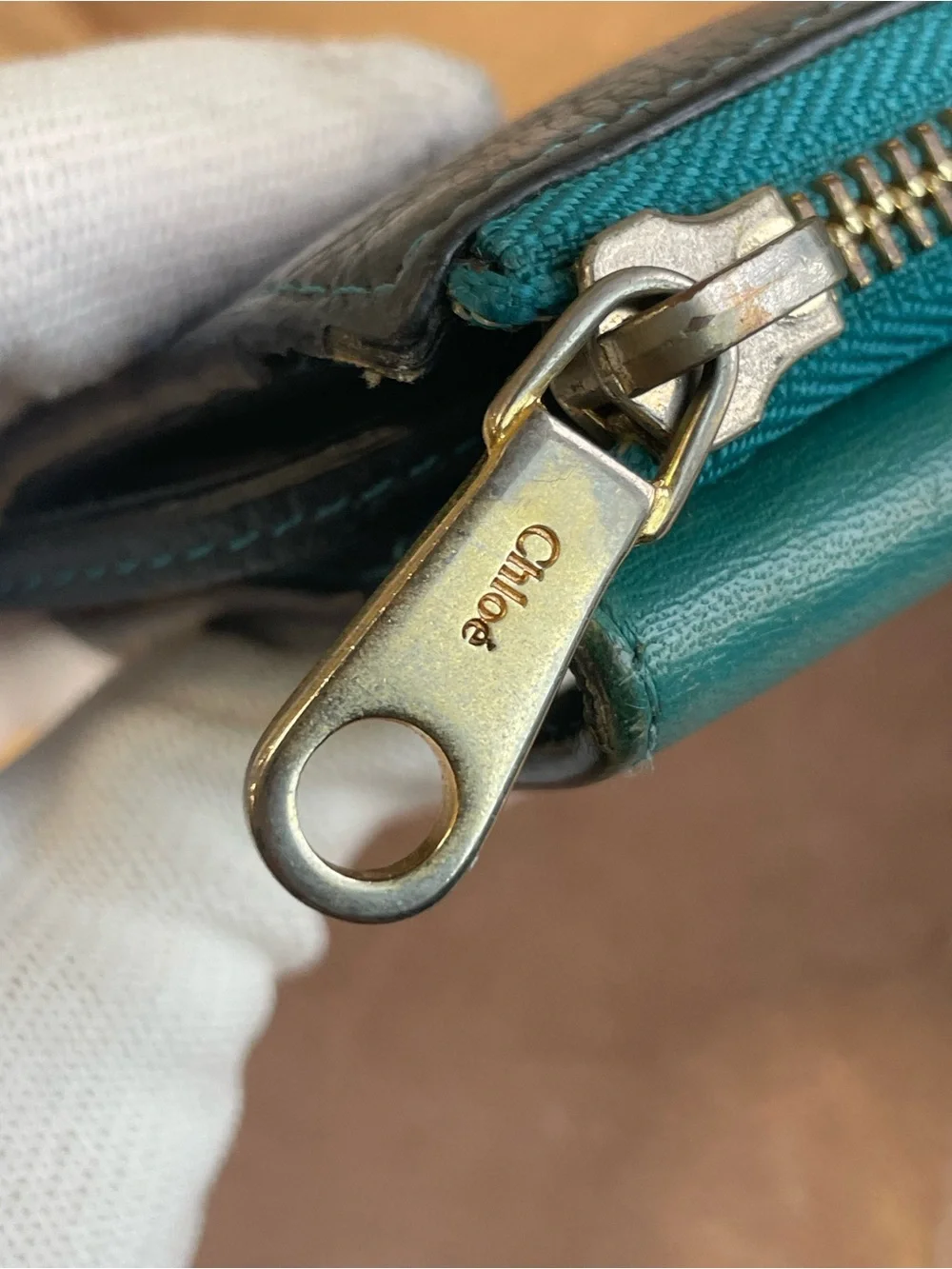 Chloé Tri-Color Leather Continental Wallet — Teal, Navy & Burgundy